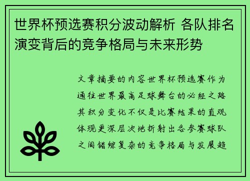 世界杯预选赛积分波动解析 各队排名演变背后的竞争格局与未来形势